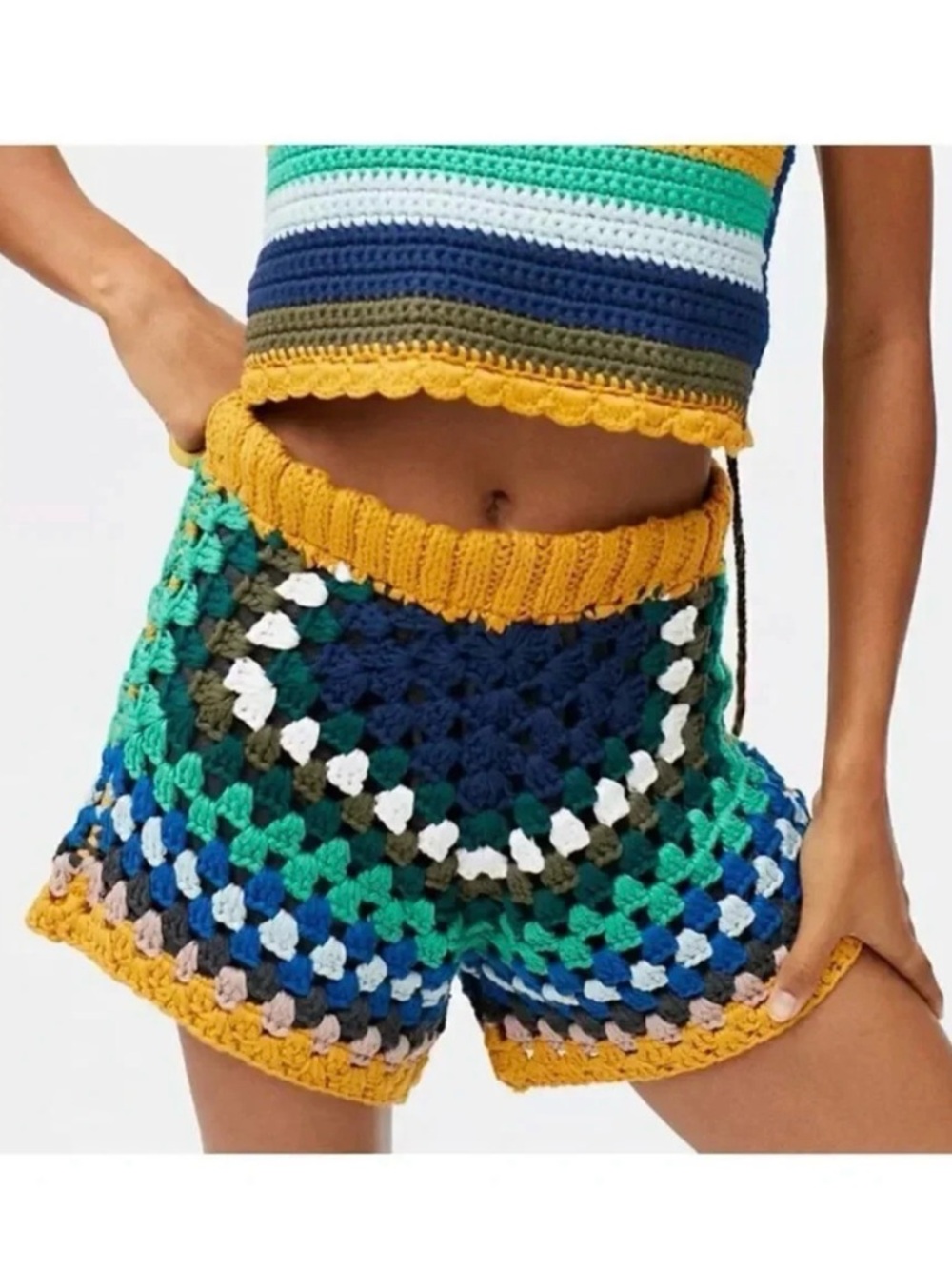 Kimchi Blue Crochet High-Waist Shorts in Mustard, Navy, Teal - Size Small